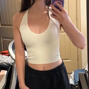 Urban Outfitters Cream Ribbed Halter Crop Top